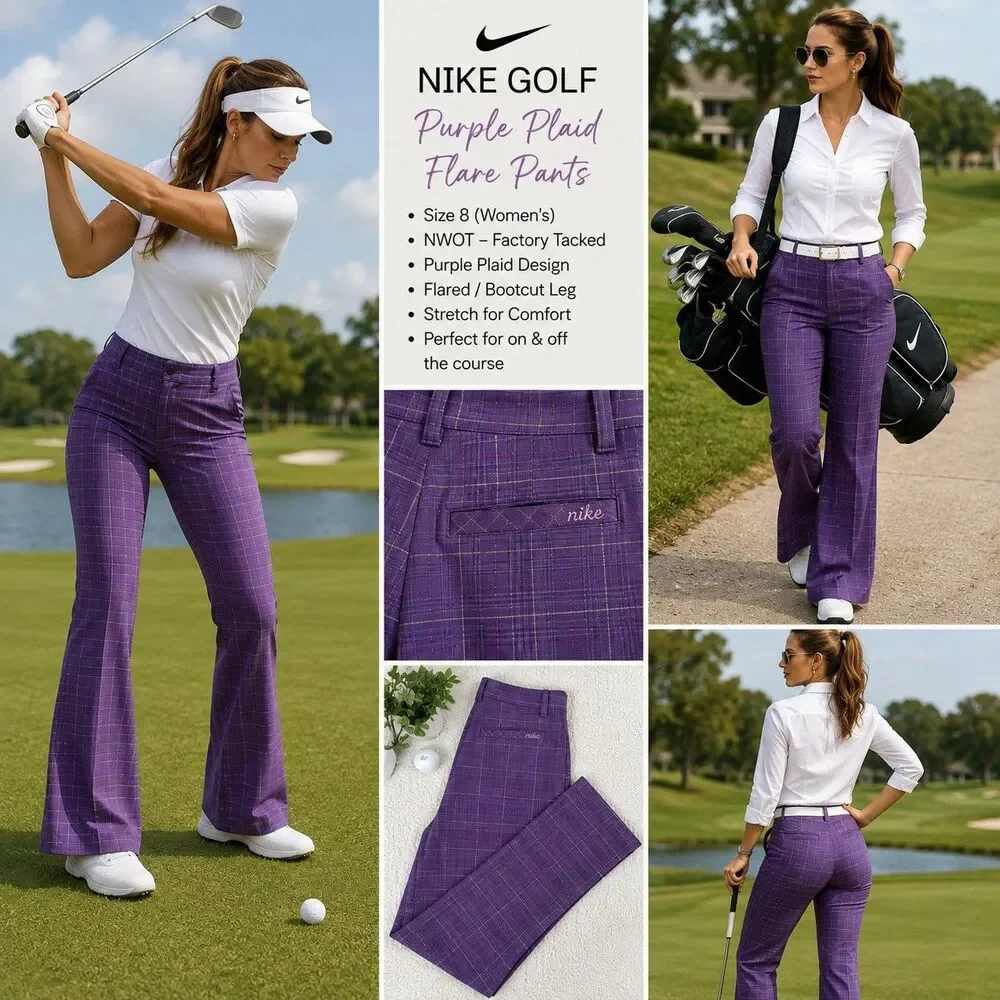 Nike Golf Women’s Size 8 Purple Plaid Bootcut Flare Pants NWOT